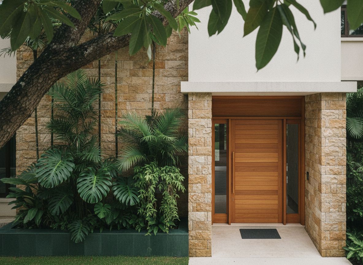 Premium Kovan landed home entrance with stone facade and greenery