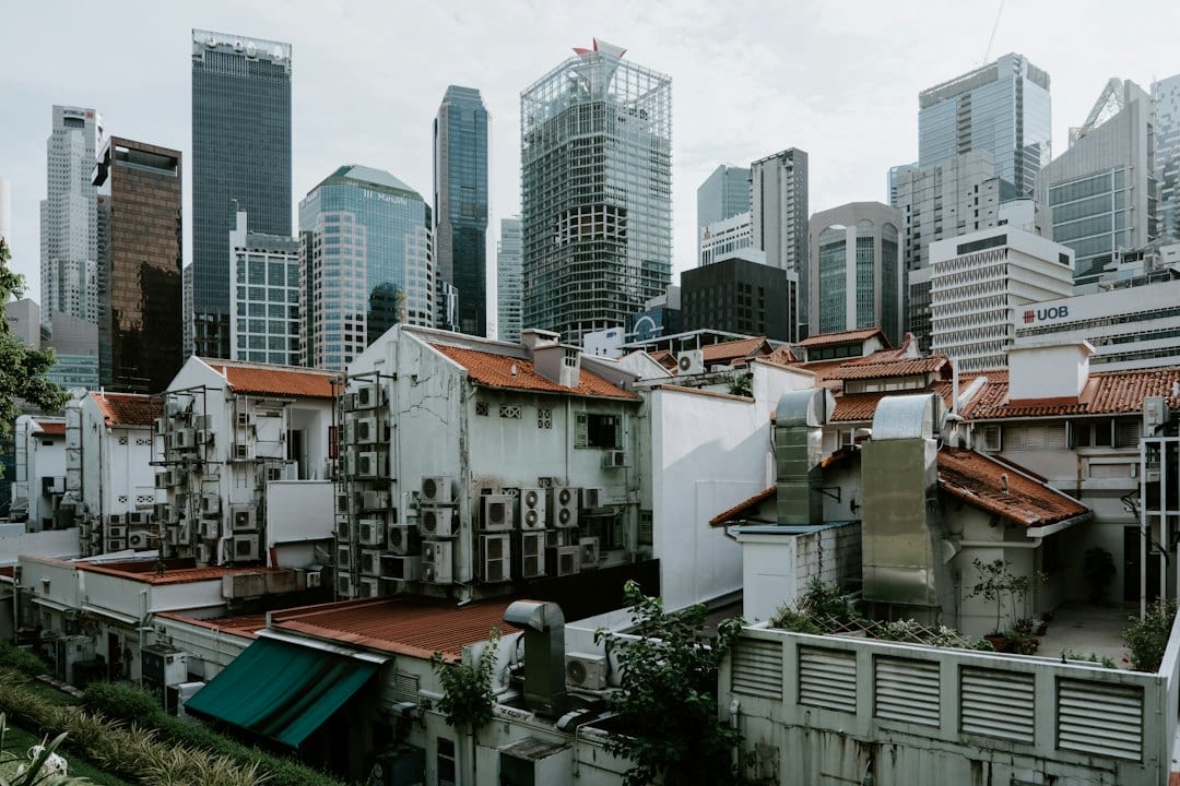 Wide-angle editorial photograph of Kovan landed homes along a tree-lined street