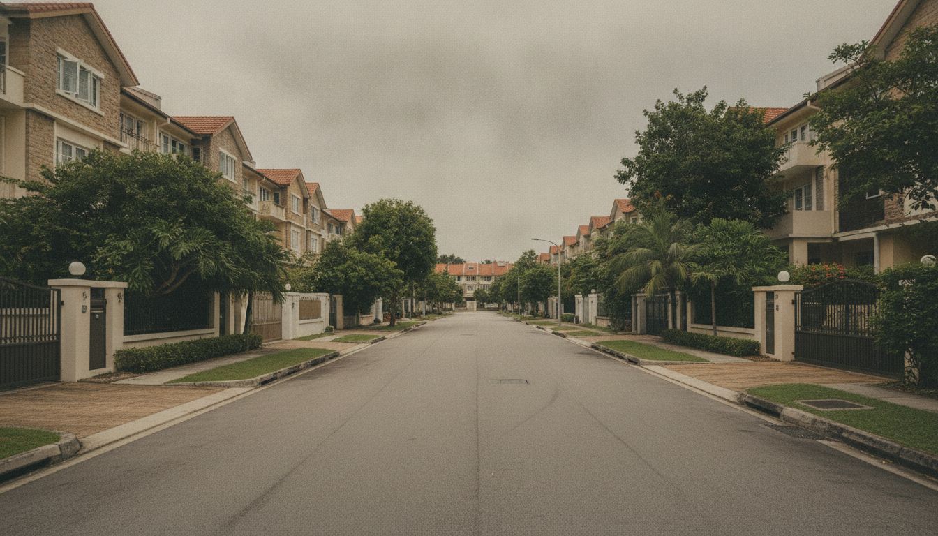Wide editorial photograph of a Kovan District 19 landed housing street