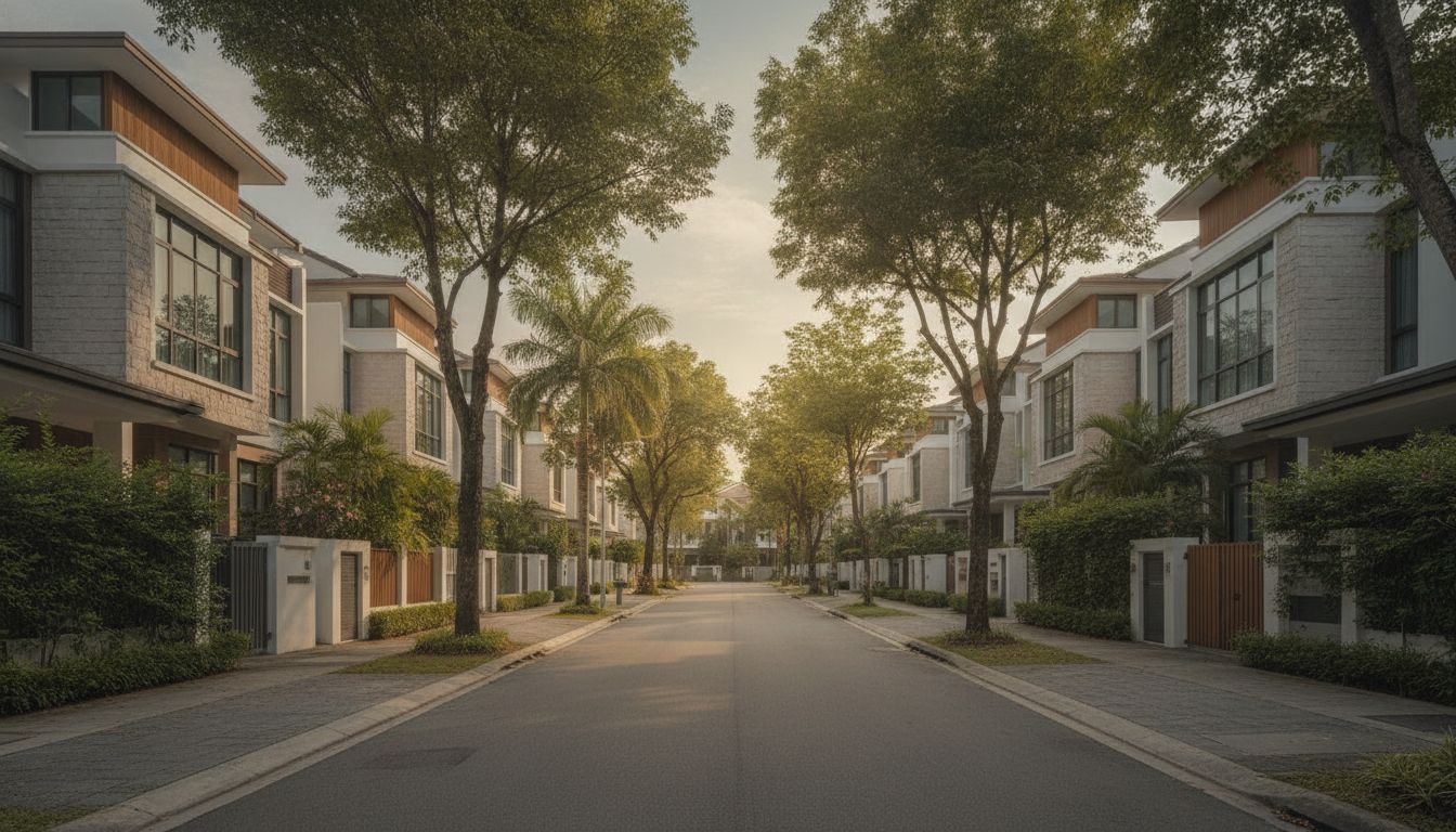 Wide editorial view of a quiet Kovan landed home street with greenery