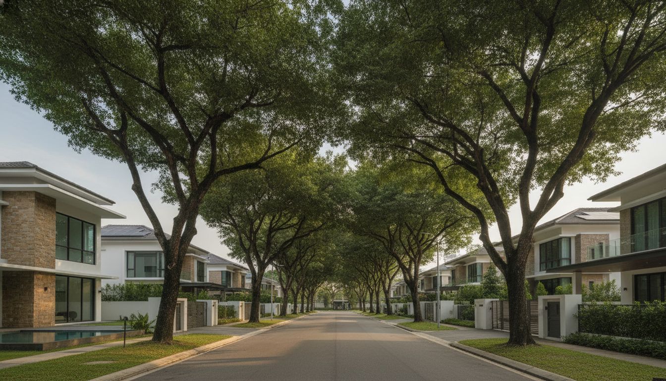 Wide editorial view of a leafy Kovan landed home street