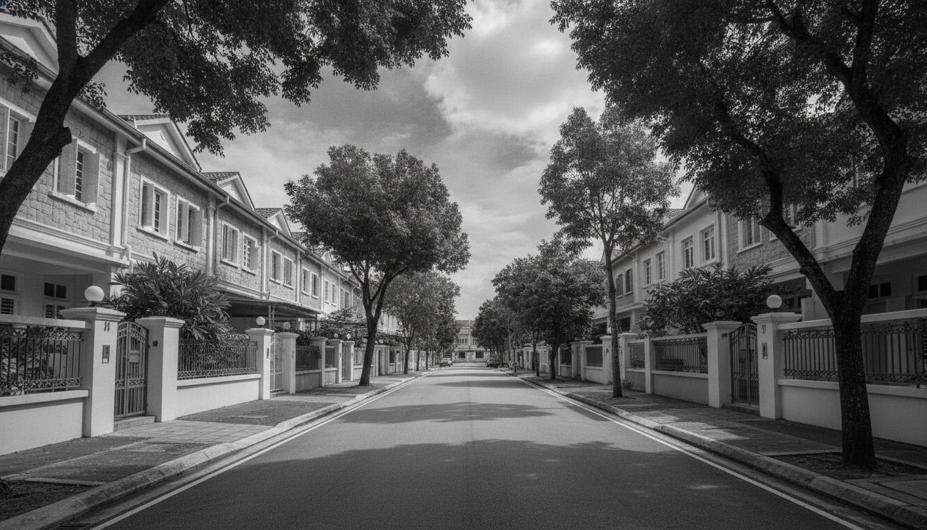Wide street view of Kovan landed terrace homes with mature greenery